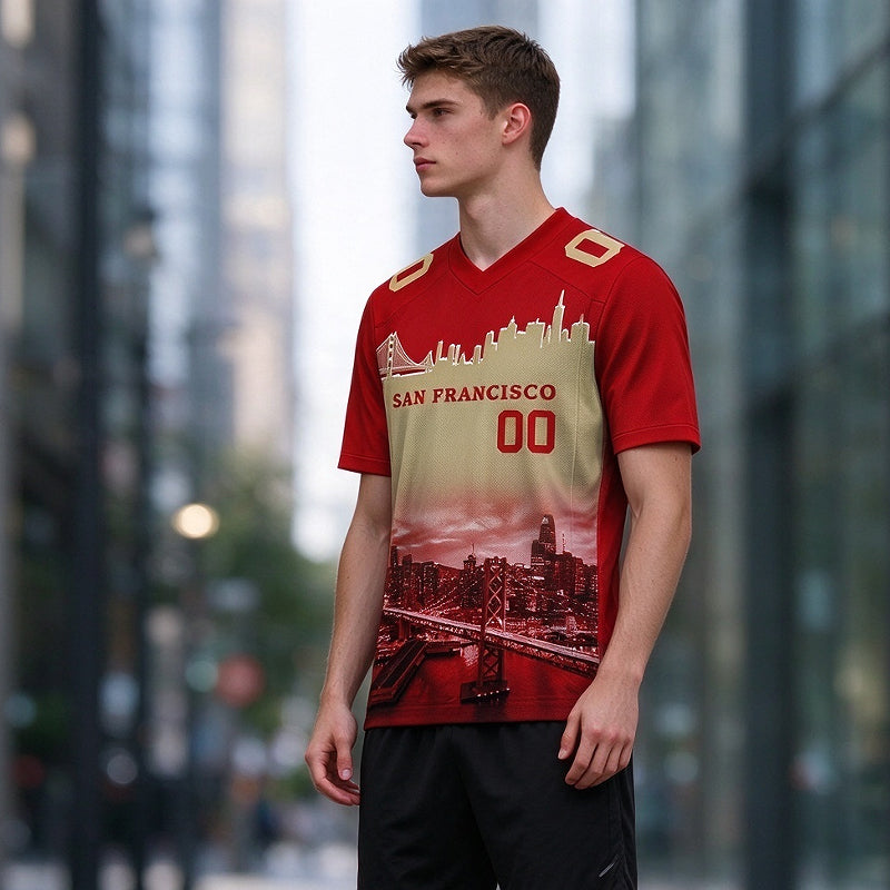 Custom Embroidered San Francisco City Skyline Football Jersey, Personalized Football Sports T-Shirts For Men Women Youth Boy