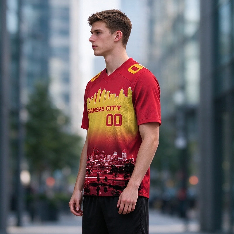 Custom Embroidered Kansas City Skyline Football Jersey, Personalized Football Sports T-Shirts For Men Women Youth Boy