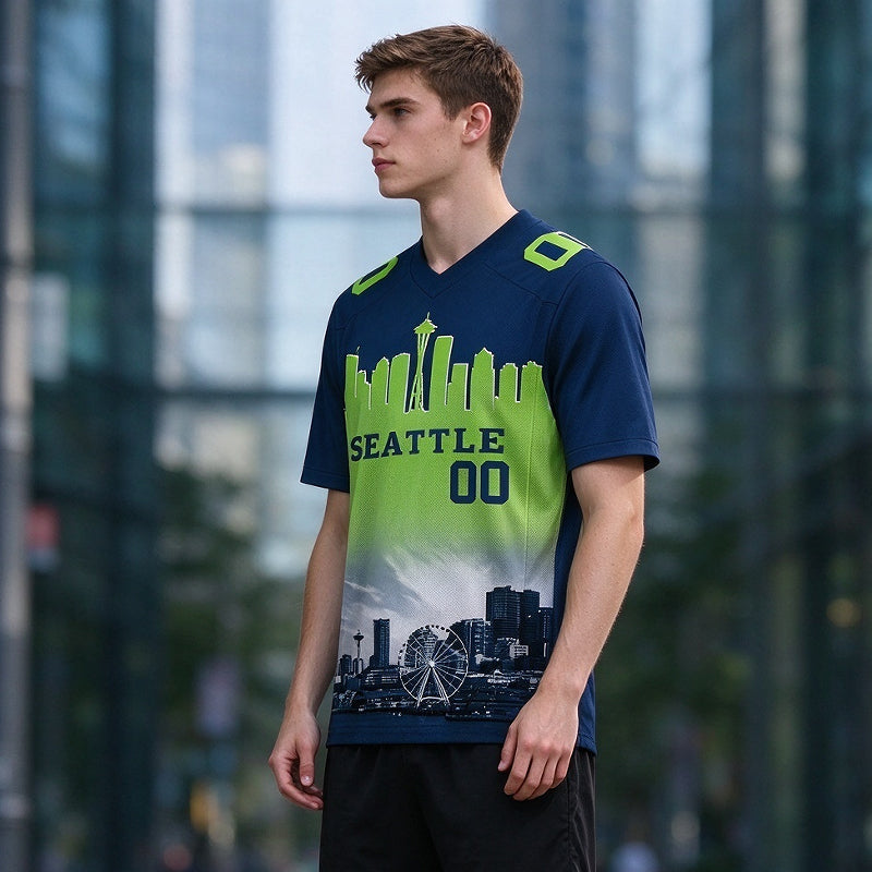 Custom Embroidered Seattle City Skyline Football Jersey, Personalized Football Sports T-Shirts For Men Women Youth Boy