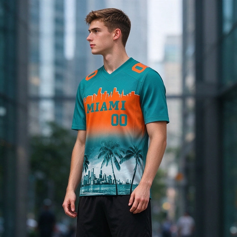 Custom Embroidered Miami City Skyline Football Jersey, Personalized Football Sports T-Shirts For Men Women Youth Boy