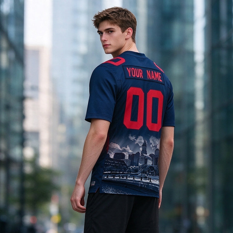 Custom Embroidered New England City Skyline Football Jersey, Personalized Football Sports T-Shirts For Men Women Youth Boy