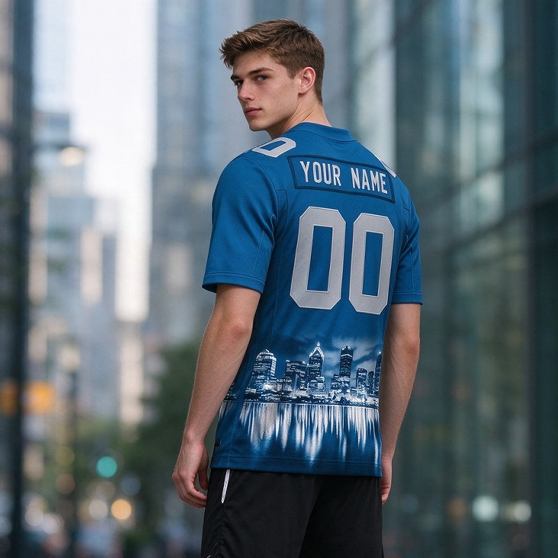 Custom Embroidered Detroit City Skyline Football Jersey, Personalized Football Sports T-Shirts For Men Women Youth Boy