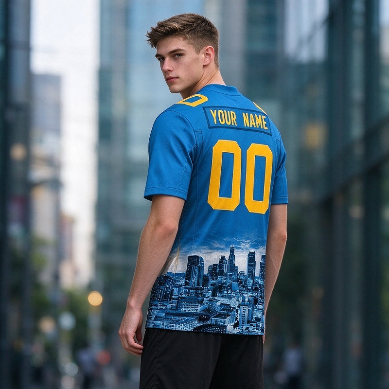 Custom Embroidered Los Angeles City Skyline Football Jersey, Personalized Football Sports T-Shirts For Men Women Youth Boy