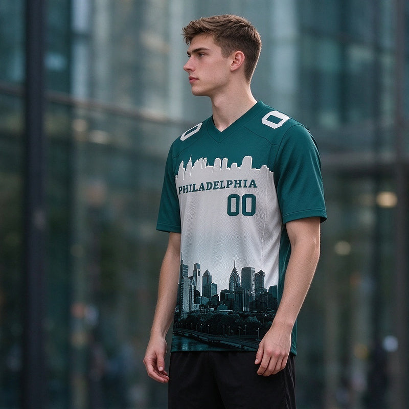 Custom Embroidered Philadelphia City Skyline Football Jersey, Personalized Football Sports T-Shirts For Men Women Youth Boy