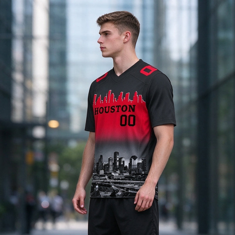 Custom Embroidered Houston City Skyline Football Jersey, Personalized Football Sports T-Shirts For Men Women Youth Boy
