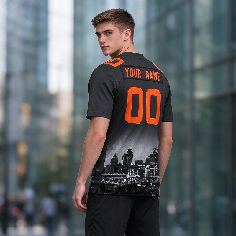 Custom Embroidered Cincinnati City Skyline Football Jersey, Personalized Football Sports T-Shirts For Men Women Youth Boy