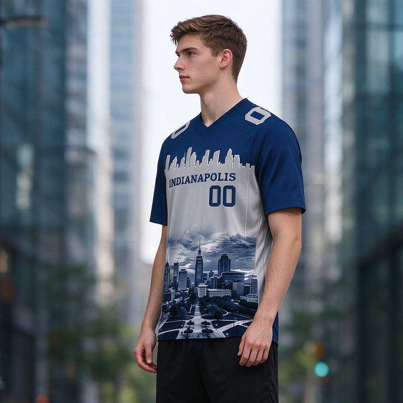 Custom Embroidered Indianapolis City Skyline Football Jersey, Personalized Football Sports T-Shirts For Men Women Youth Boy