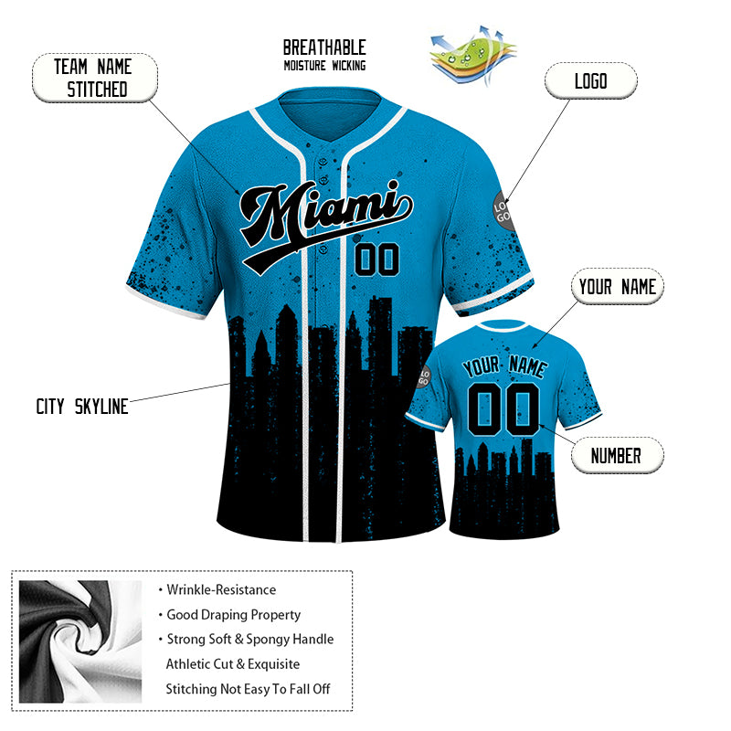 Custom Embroidered Miami City Skyline Baseball Jersey, Hip-Hop Inkjet Design, Personalized Your Name & Number