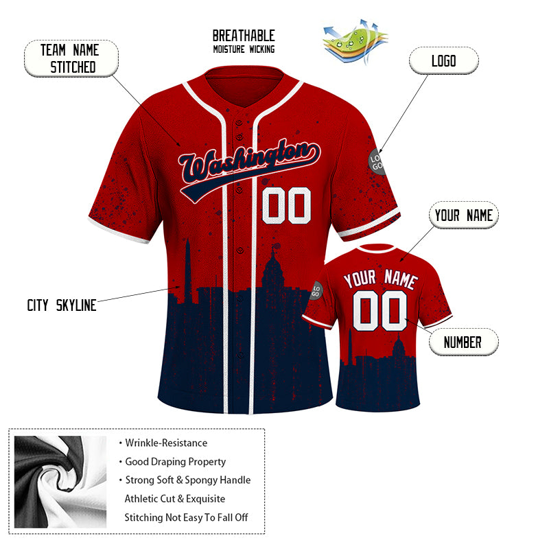 Custom Embroidered Washington City Skyline Baseball Jersey, Hip-Hop Inkjet Design, Personalized Your Name & Number