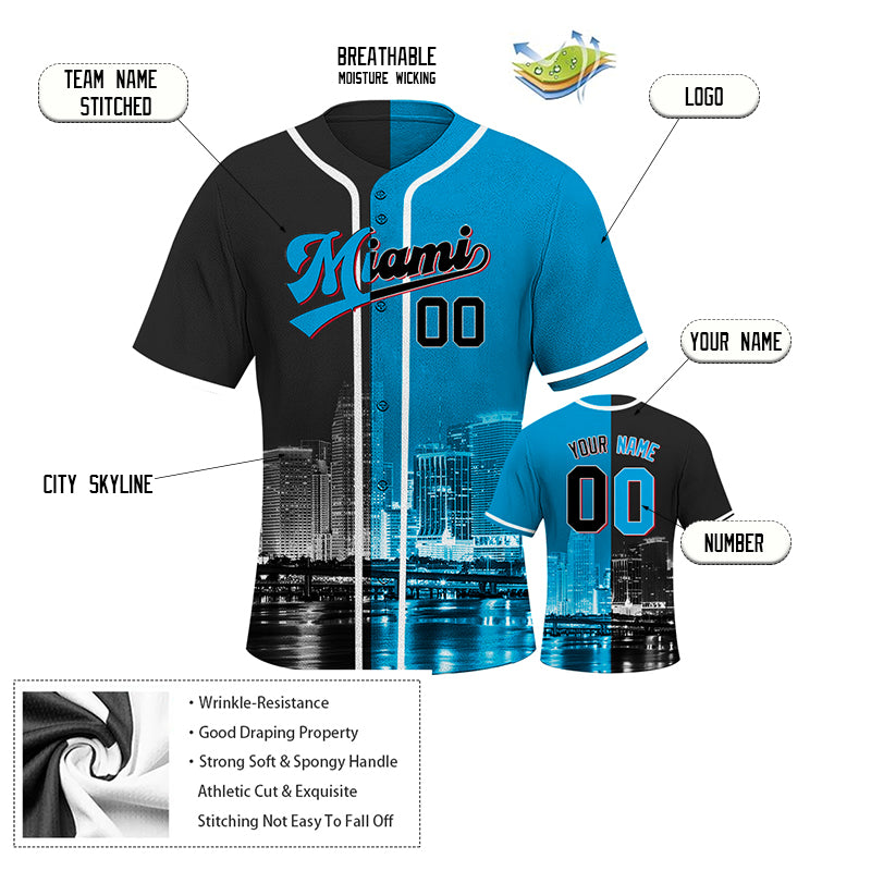 Custom Embroidered Miami City Skyline Baseball Jersey, Hip-Hop Two-tone Design, Personalized Your Name & Number