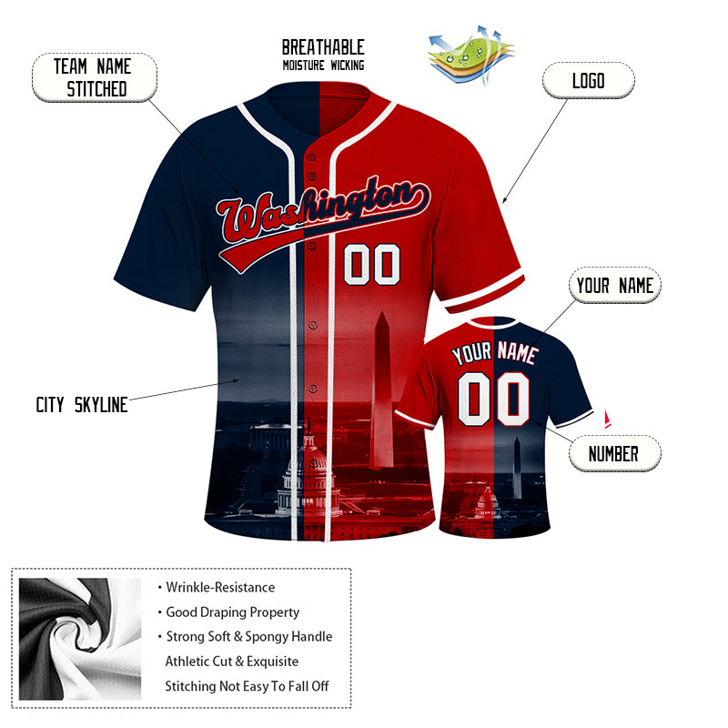 Custom Embroidered Washington City Skyline Baseball Jersey, Hip-Hop Two-tone Design, Personalized Your Name & Number
