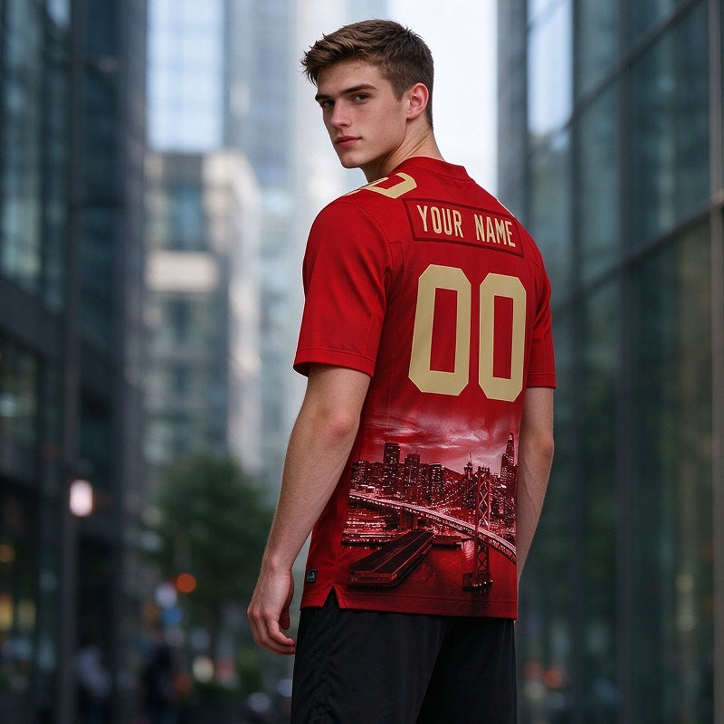Custom Embroidered San Francisco City Skyline Football Jersey, Personalized Football Sports T-Shirts For Men Women Youth Boy