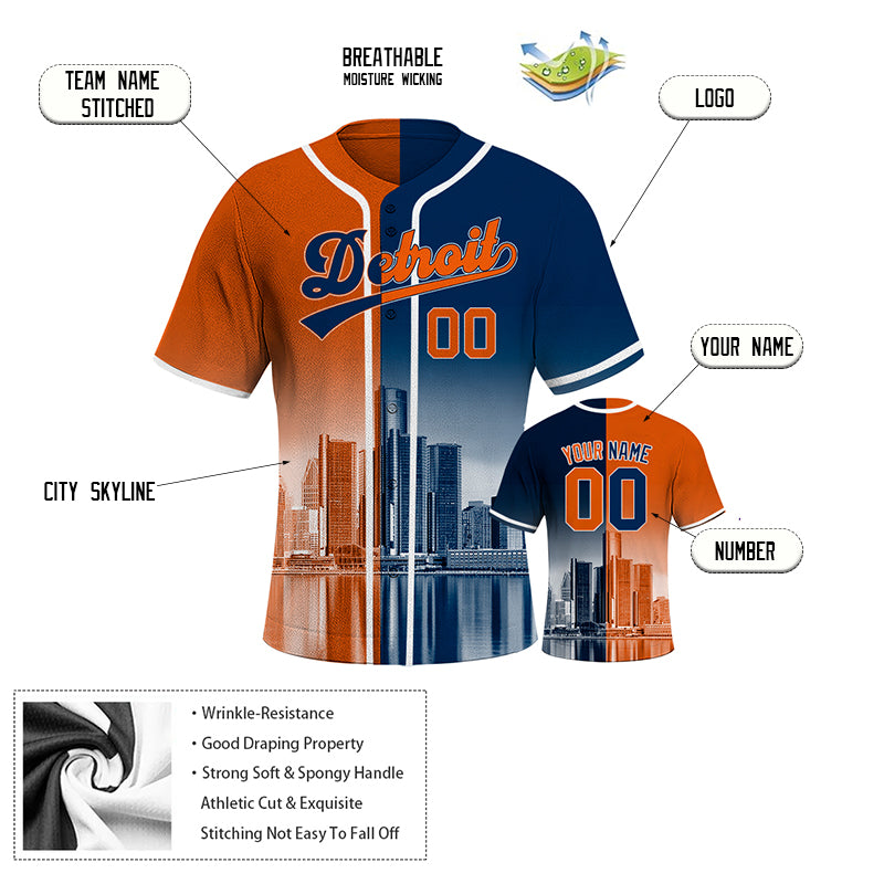 Custom Embroidered Detroit City Skyline Baseball Jersey, Hip-Hop Two-tone Design, Personalized Your Name & Number