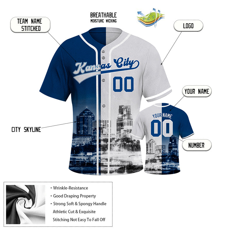Custom Embroidered Kansas City Skyline Baseball Jersey, Hip-Hop Two-tone Design, Personalized Your Name & Number