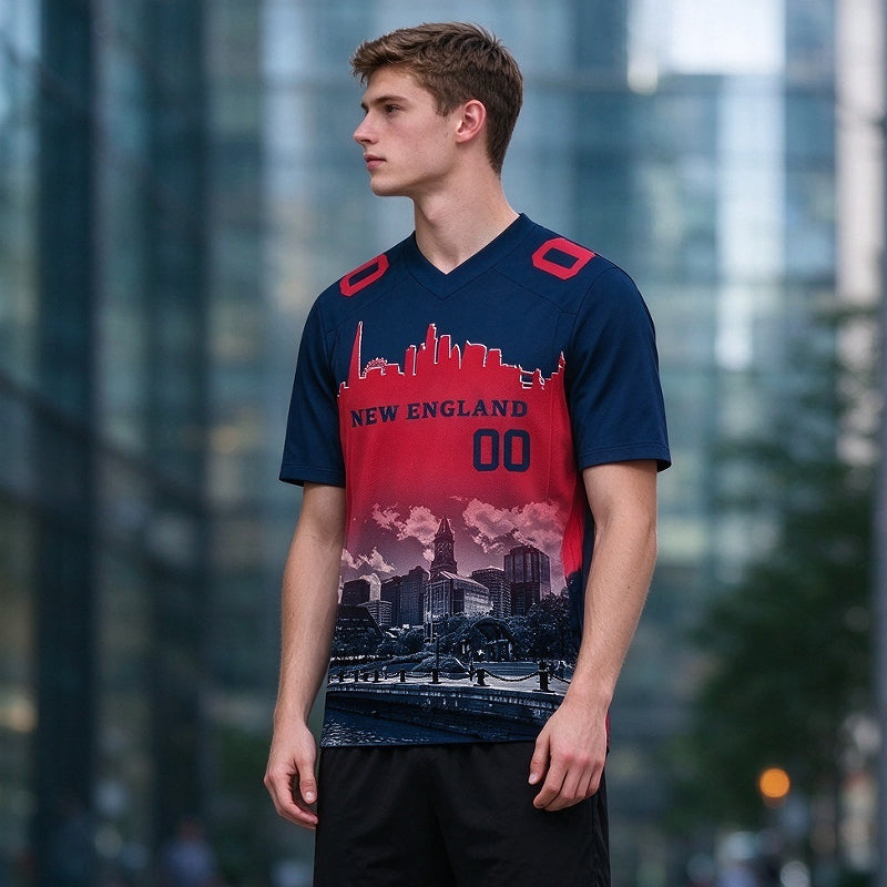 Custom Embroidered New England City Skyline Football Jersey, Personalized Football Sports T-Shirts For Men Women Youth Boy
