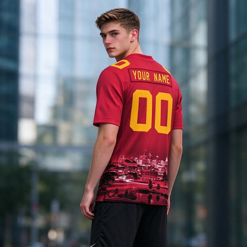 Custom Embroidered Kansas City Skyline Football Jersey, Personalized Football Sports T-Shirts For Men Women Youth Boy