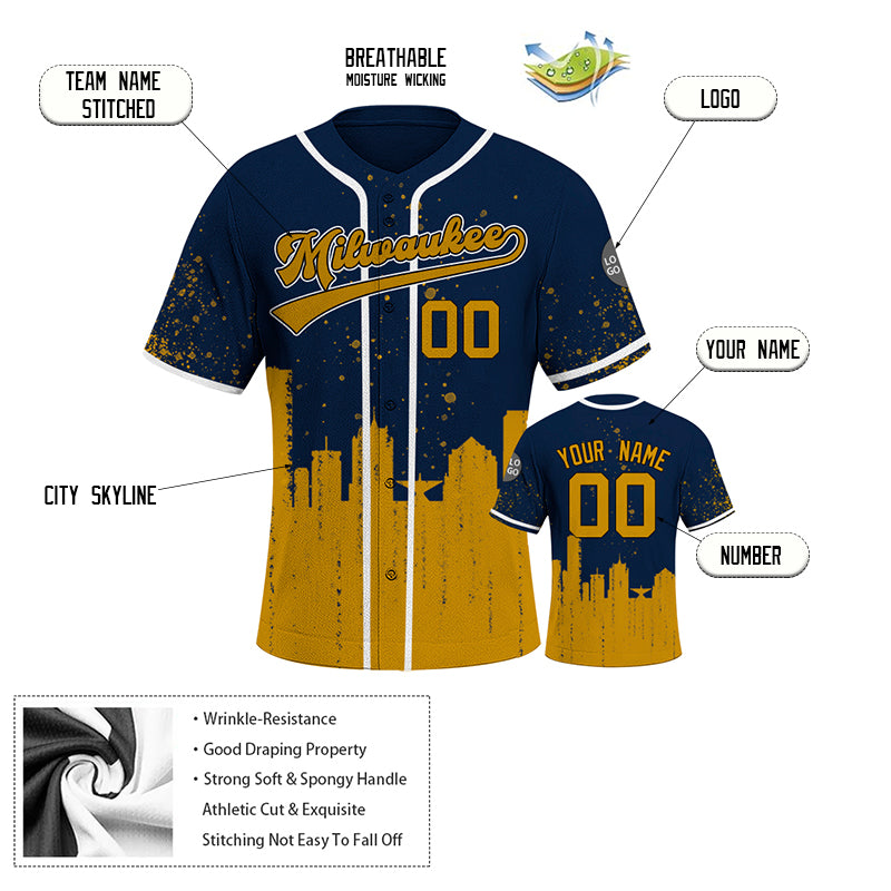 Custom Embroidered Milwaukee City Skyline Baseball Jersey, Hip-Hop Inkjet Design, Personalized Your Name & Number