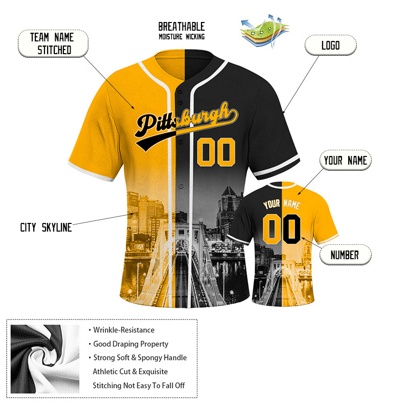 Custom Embroidered Pittsburgh City Skyline Baseball Jersey, Hip-Hop Two-tone Design, Personalized Your Name & Number