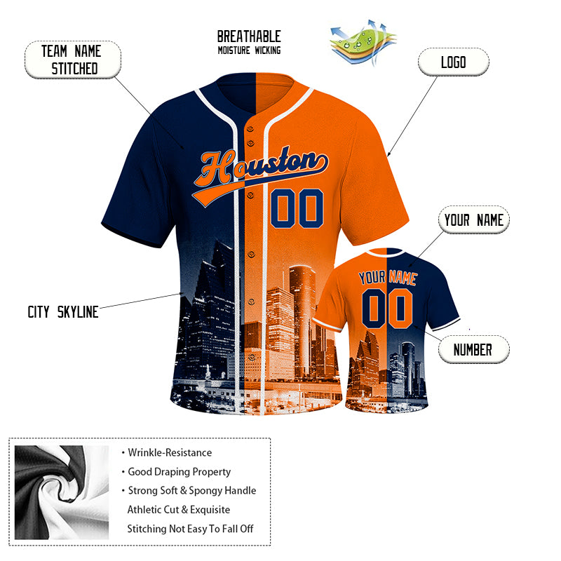 Custom Embroidered Houston City Skyline Baseball Jersey, Hip-Hop Two-tone Design, Personalized Your Name & Number