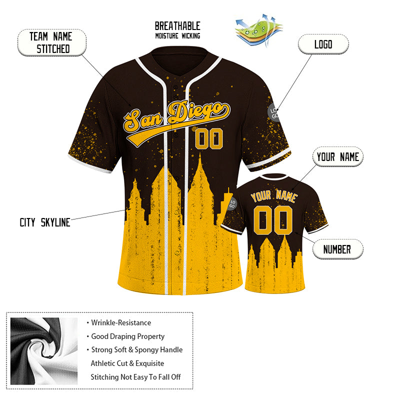 Custom Embroidered San Diego City Skyline Baseball Jersey, Hip-Hop Inkjet Design, Personalized Your Name & Number