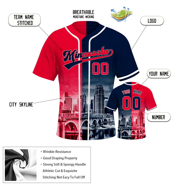 Custom Embroidered Minnesota City Skyline Baseball Jersey, Hip-Hop Two-tone Design, Personalized Your Name & Number