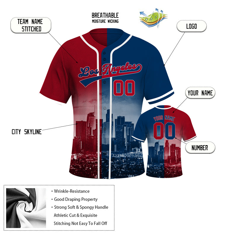 Custom Embroidered Los Angeles City Skyline Baseball Jersey, Hip-Hop Two-tone Design, Personalized Your Name & Number