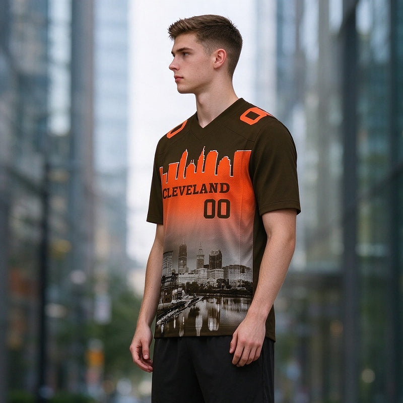 Custom Embroidered Cleveland City Skyline Football Jersey, Personalized Football Sports T-Shirts For Men Women Youth Boy