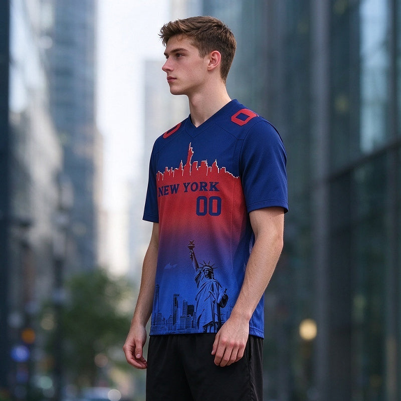 Custom Embroidered New York City Skyline Football Jersey, Personalized Football Sports T-Shirts For Men Women Youth Boy