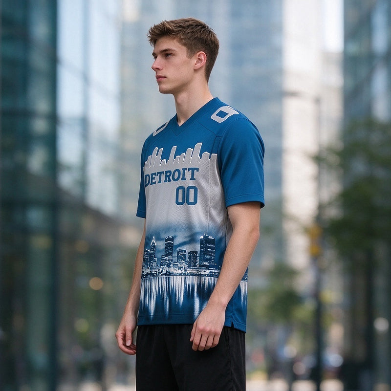 Custom Embroidered Detroit City Skyline Football Jersey, Personalized Football Sports T-Shirts For Men Women Youth Boy
