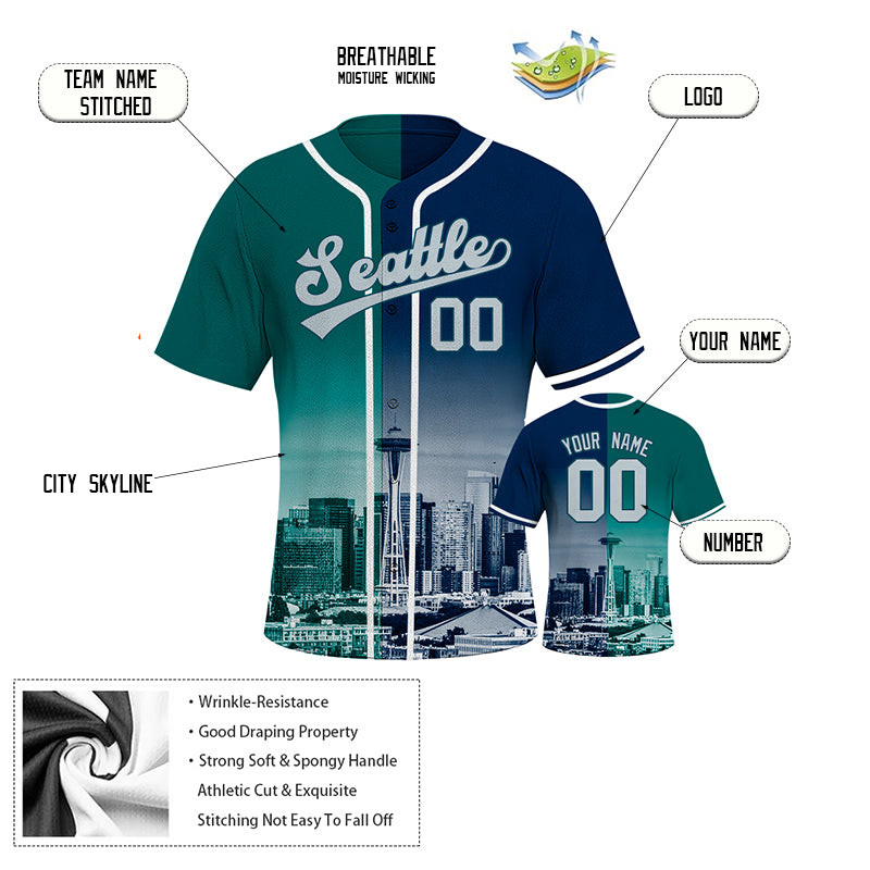 Custom Embroidered Seattle City Skyline Baseball Jersey, Hip-Hop Two-tone Design, Personalized Your Name & Number