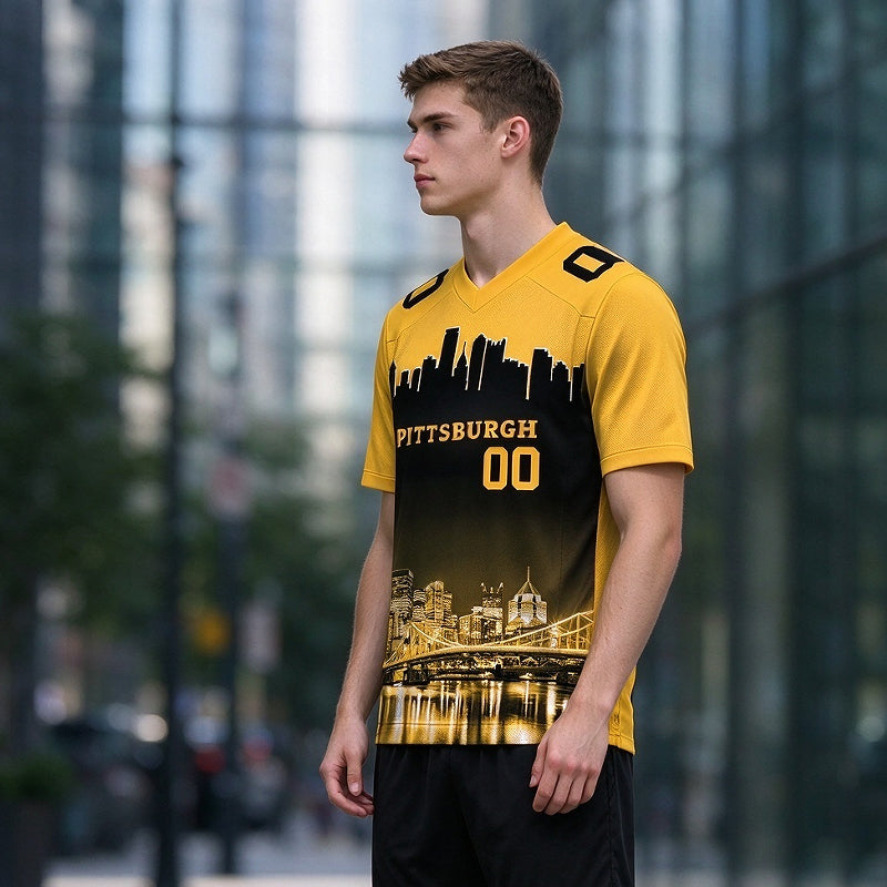 Custom Embroidered Pittsburgh City Skyline Football Jersey, Personalized Football Sports T-Shirts For Men Women Youth Boy