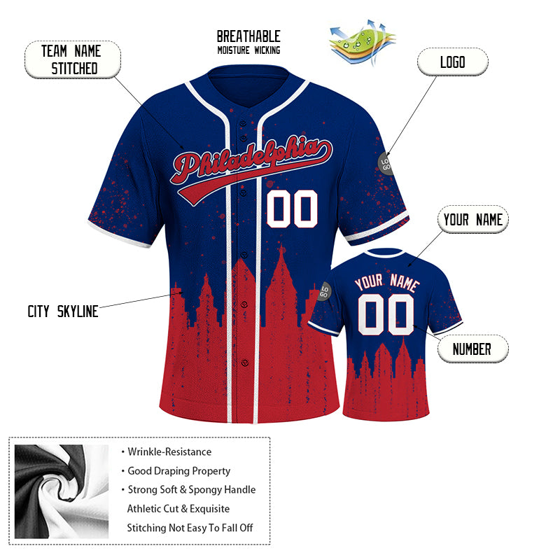 Custom Embroidered Philadelphia City Skyline Baseball Jersey, Hip-Hop Inkjet Design, Personalized Your Name & Number
