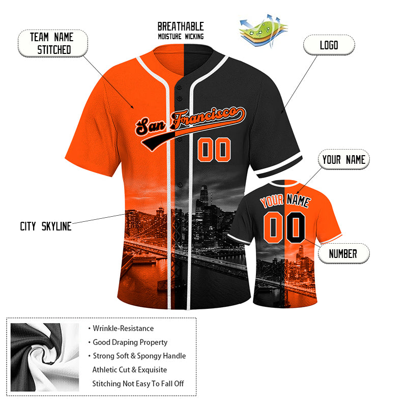Custom Embroidered San Francisco City Skyline Baseball Jersey, Hip-Hop Two-tone Design, Personalized Your Name & Number