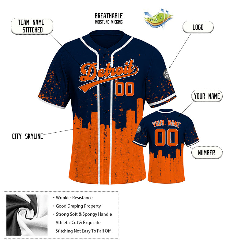 Custom Embroidered Detroit City Skyline Baseball Jersey, Hip-Hop Inkjet Design, Personalized Your Name & Number
