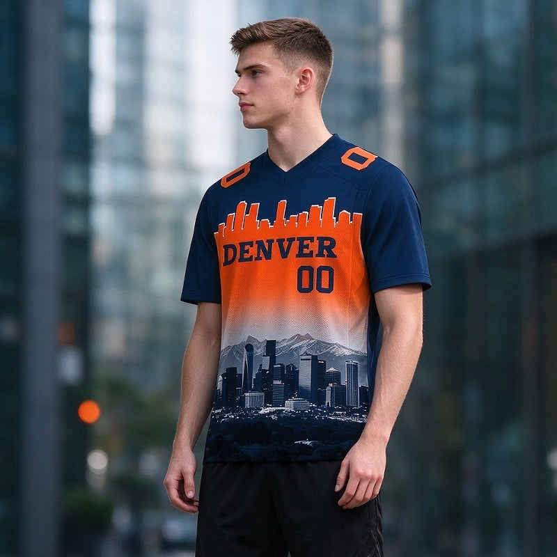 Custom Embroidered Denver City Skyline Football Jersey, Personalized Football Sports T-Shirts For Men Women Youth Boy