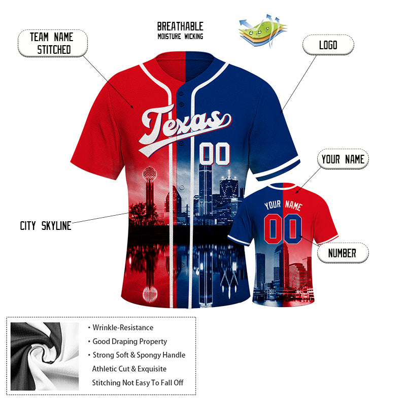 Custom Embroidered Texas City Skyline Baseball Jersey, Hip-Hop Two-tone Design, Personalized Your Name & Number