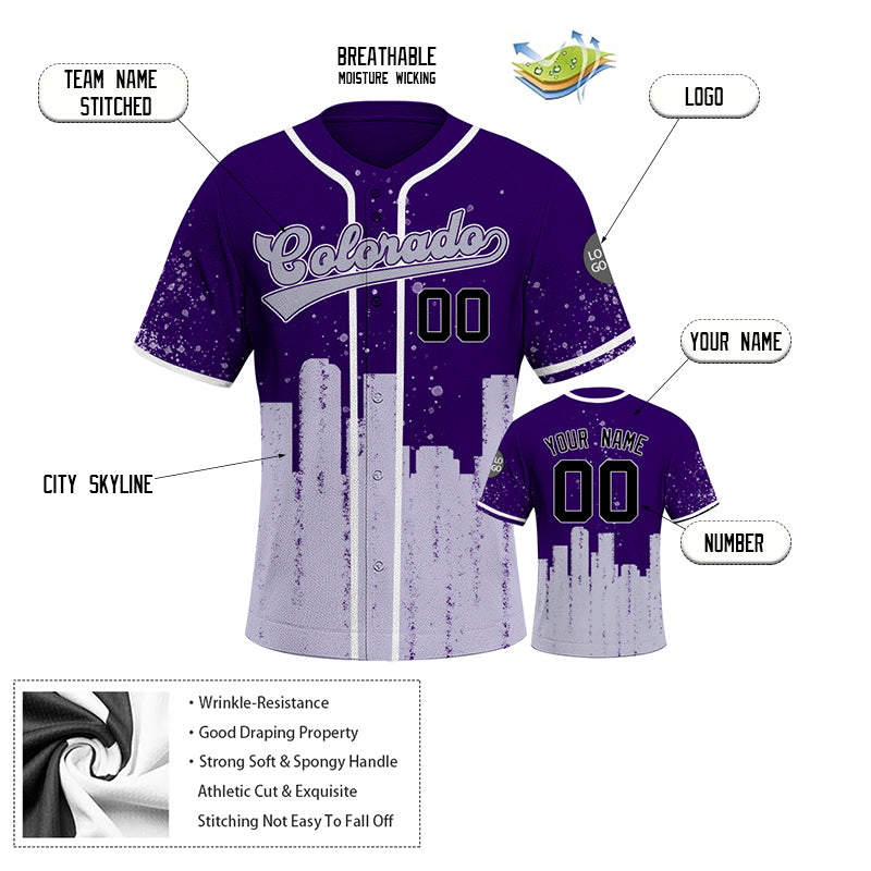 Custom Embroidered Colorado City Skyline Baseball Jersey, Hip-Hop Inkjet Design, Personalized Your Name & Number