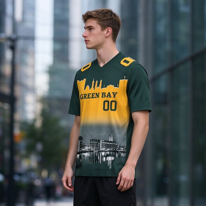 Custom Embroidered Green Bay City Skyline Football Jersey, Personalized Football Sports T-Shirts For Men Women Youth Boy