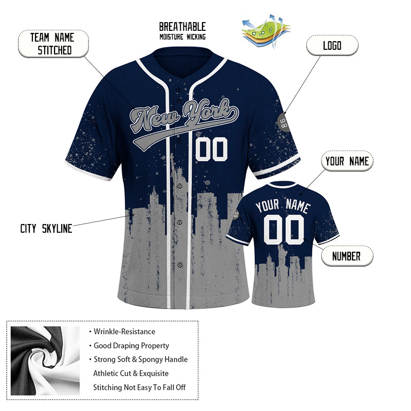 Custom Embroidered New York City Skyline Baseball Jersey, Hip-Hop Inkjet Design, Personalized Your Name & Number