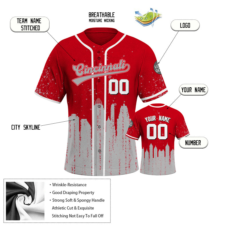 Custom Embroidered Cincinnati City Skyline Baseball Jersey, Hip-Hop Inkjet Design, Personalized Your Name & Number
