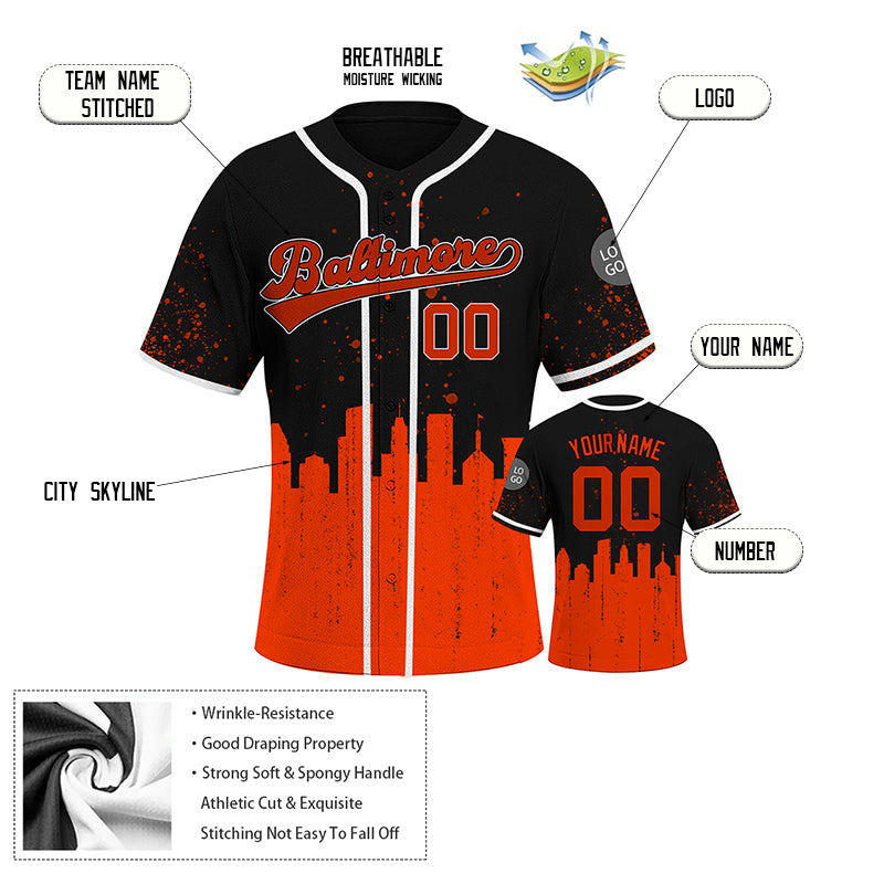Custom Embroidered Baltimore City Skyline Baseball Jersey, Hip-Hop Inkjet Design, Personalized Your Name & Number