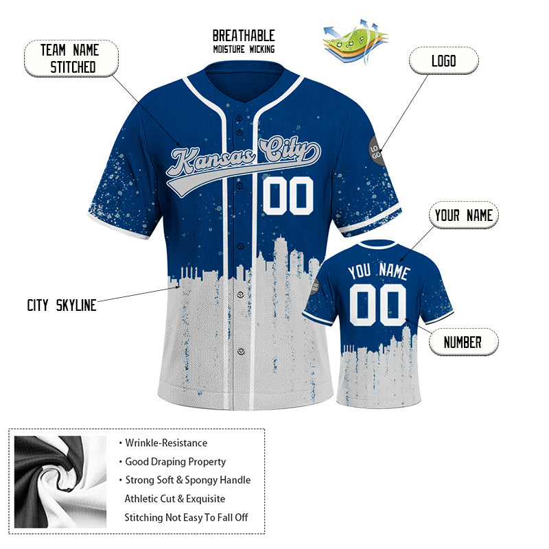 Custom Embroidered Kansas City Skyline Baseball Jersey, Hip-Hop Inkjet Design, Personalized Your Name & Number