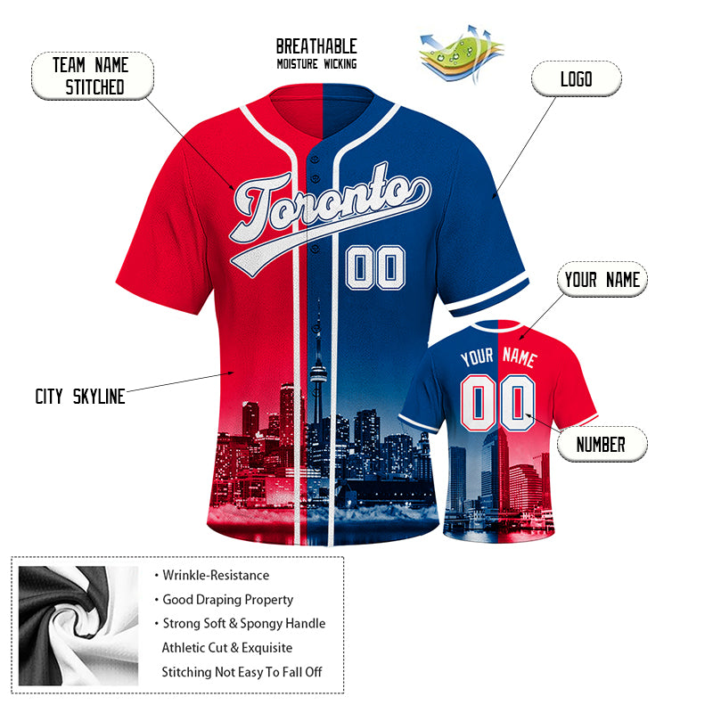 Custom Embroidered Toronto City Skyline Baseball Jersey, Hip-Hop Two-tone Design, Personalized Your Name & Number
