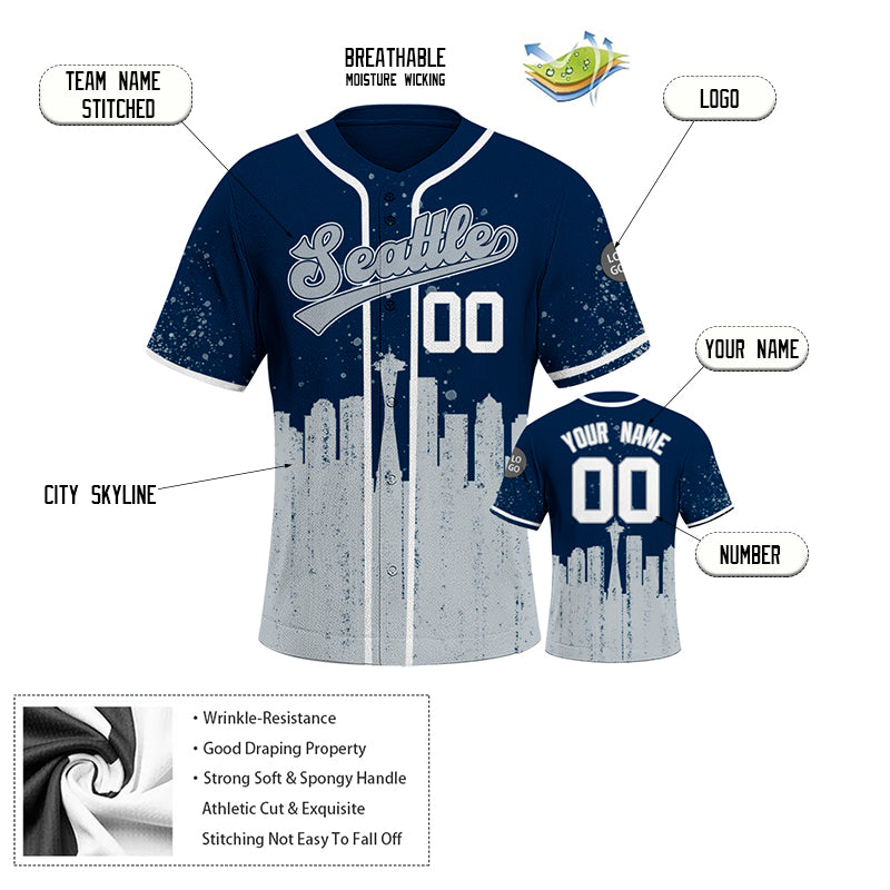 Custom Embroidered Seattle City Skyline Baseball Jersey, Hip-Hop Inkjet Design, Personalized Your Name & Number