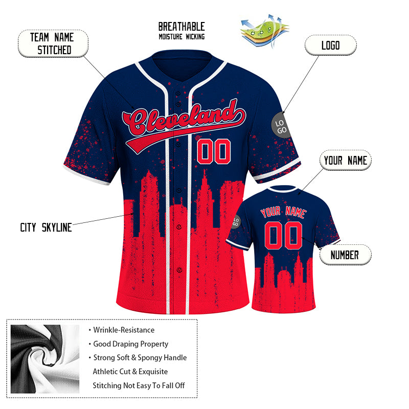 Custom Embroidered Cleveland City Skyline Baseball Jersey, Hip-Hop Inkjet Design, Personalized Your Name & Number