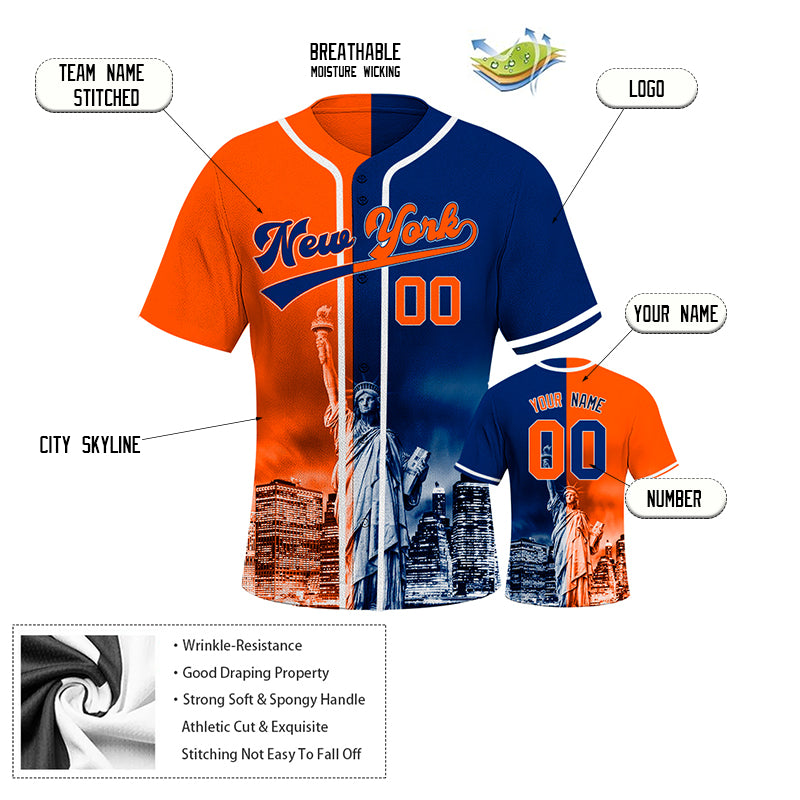 Custom Embroidered New York City Skyline Baseball Jersey, Hip-Hop Two-tone Design, Personalized Your Name & Number