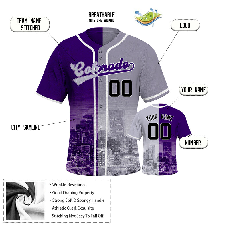 Custom Embroidered Colorado City Skyline Baseball Jersey, Hip-Hop Two-tone Design, Personalized Your Name & Number