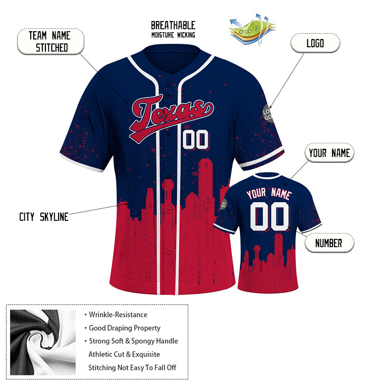 Custom Embroidered Texas City Skyline Baseball Jersey, Hip-Hop Inkjet Design, Personalized Your Name & Number