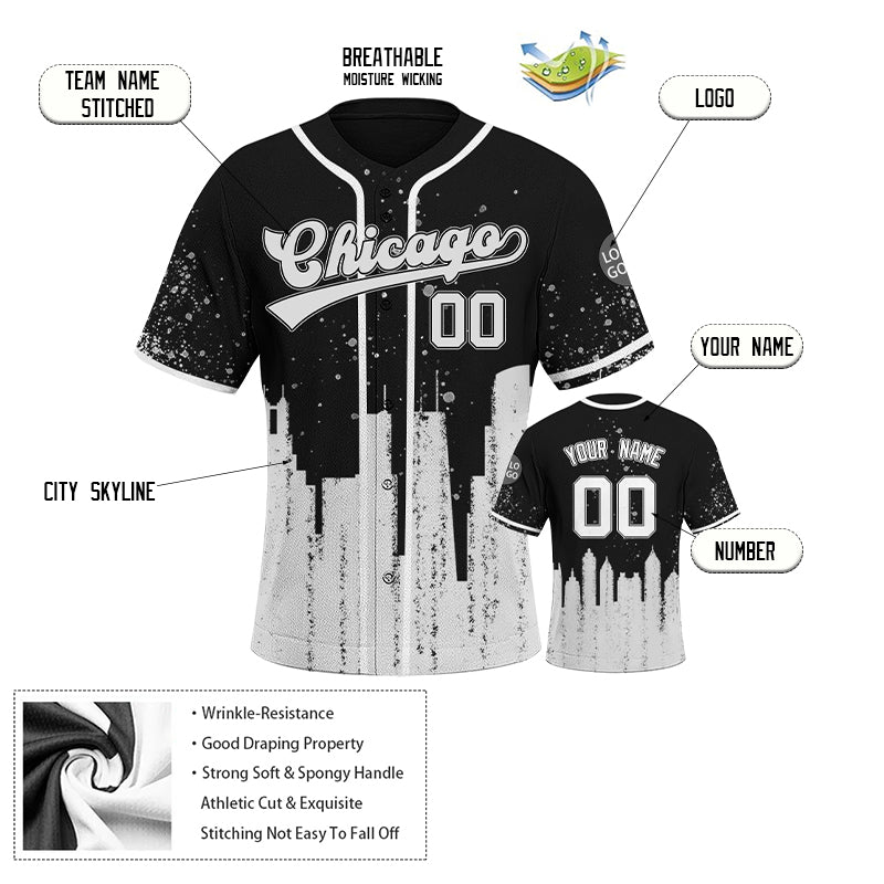 Custom Embroidered Chicago City Skyline Baseball Jersey, Hip-Hop Inkjet Design, Personalized Your Name & Number