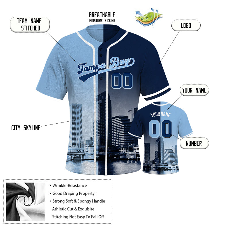 Custom Embroidered Tampa Bay City Skyline Baseball Jersey, Hip-Hop Two-tone Design, Personalized Your Name & Number